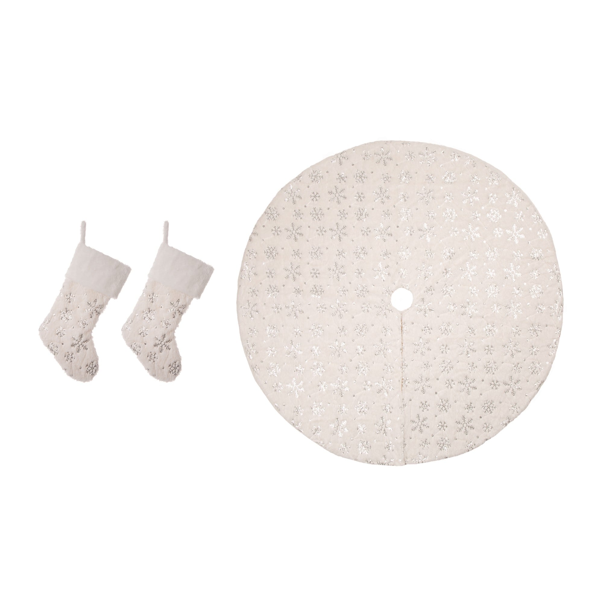 Glitzhome® White Plush with Snowflake Christmas Stocking & Tree Skirt Set